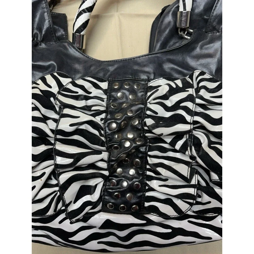 Vintage Y2K Zebra Print Ruffle Handbag Studded Hobo Bag Retro McBling Aesthetic - Picture 2 of 12